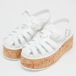 Prada White Rubber Cork Wedge Ankle Strap Sandals Size 40