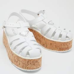 Prada White Rubber Cork Wedge Ankle Strap Sandals Size 40