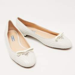 Pre Owned Prada White Quilted Leather Bow Ballet Flats Size 42