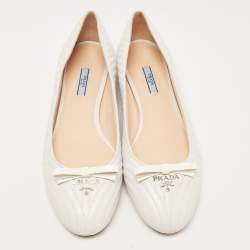 Pre Owned Prada White Quilted Leather Bow Ballet Flats Size 42