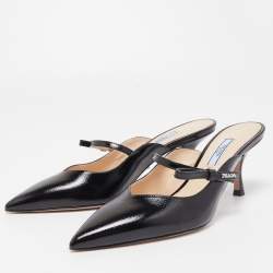 مملوكة مسبقًا Prada Black Saffiano Vernice Leather Bow Pointed Toe Mules Size 39