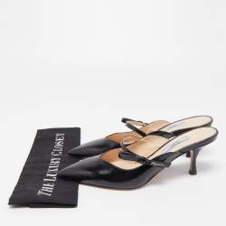 مملوكة مسبقًا Prada Black Saffiano Vernice Leather Bow Pointed Toe Mules Size 39