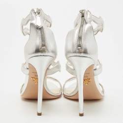 Prada Silver Leather Ankle Strap Sandals Size 39.5
