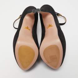 Prada Black Suede Peep Toe Platform Ankle Strap Booties Size 37.5