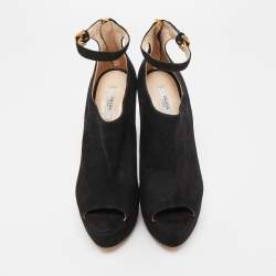 Prada Black Suede Peep Toe Platform Ankle Strap Booties Size 37.5