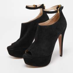 Prada Black Suede Peep Toe Platform Ankle Strap Booties Size 37.5