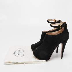 Prada Black Suede Peep Toe Platform Ankle Strap Booties Size 37.5