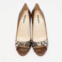 Prada Metallic Patent Leather Crystal Embellished Peep Toe Pumps Size 38