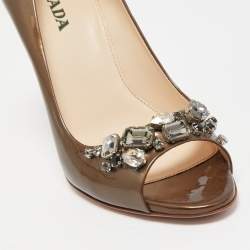 Prada Metallic Patent Leather Crystal Embellished Peep Toe Pumps Size 38