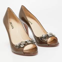 Prada Metallic Patent Leather Crystal Embellished Peep Toe Pumps Size 38