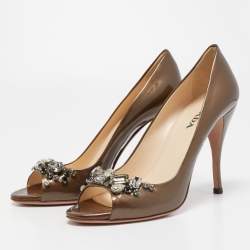 Prada Metallic Patent Leather Crystal Embellished Peep Toe Pumps Size 38