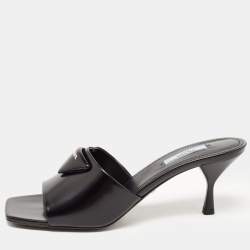 Prada Black Leather Brushed Heeled Slides Size 40