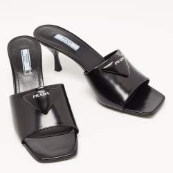 Prada Black Leather Brushed Heeled Slides Size 40