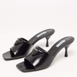 Prada Black Leather Brushed Heeled Slides Size 40