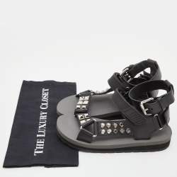 Prada Black Leather and Rubber Punk Stud Ankle Strap Flat Sandals Size 37.5