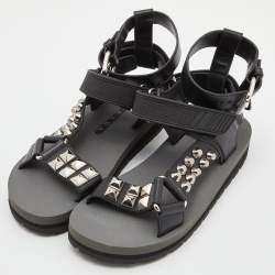 Prada Black Leather and Rubber Punk Stud Ankle Strap Flat Sandals Size 37.5