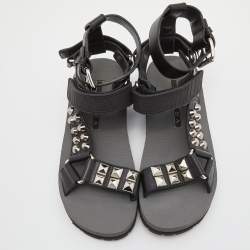 Prada Black Leather and Rubber Punk Stud Ankle Strap Flat Sandals Size 37.5