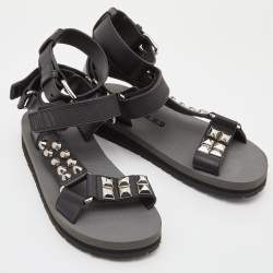 Prada Black Leather and Rubber Punk Stud Ankle Strap Flat Sandals Size 37.5