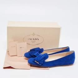 Pre Owned Prada Blue Suede Bow Ballet Flats Size 37.5