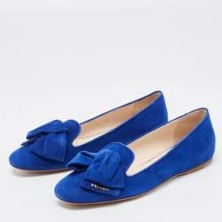 Pre Owned Prada Blue Suede Bow Ballet Flats Size 37.5