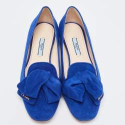 Pre Owned Prada Blue Suede Bow Ballet Flats Size 37.5