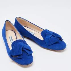 Pre Owned Prada Blue Suede Bow Ballet Flats Size 37.5