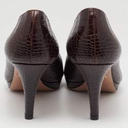 Pre Owned Prada Brown Croc Embossed Leather Platform Pumps Size 37.5