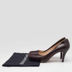 Pre Owned Prada Brown Croc Embossed Leather Platform Pumps Size 37.5