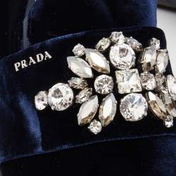 Pre Owned Prada Navy Blue Velvet Crystal Embellished Slip On Sneakers Size 38.5