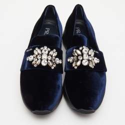 Pre Owned Prada Navy Blue Velvet Crystal Embellished Slip On Sneakers Size 38.5