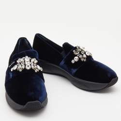 Pre Owned Prada Navy Blue Velvet Crystal Embellished Slip On Sneakers Size 38.5