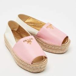 Prada Pink/White Leather Open Toe Platform Espadrilles Size 36