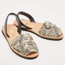 Prada Black/Grey Snakeskin Leather Crystal Embellished Slingback Flats Size 38.5