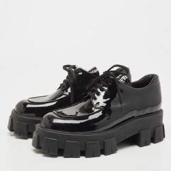 Prada Black Patent Leather Monolith Platform Derby Size 39.5