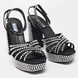 Pre Owned Prada Black Suede Crystal Embellished Ankle Strap Sandals Size 39