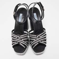 Pre Owned Prada Black Suede Crystal Embellished Ankle Strap Sandals Size 39