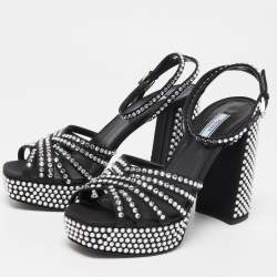 Pre Owned Prada Black Suede Crystal Embellished Ankle Strap Sandals Size 39