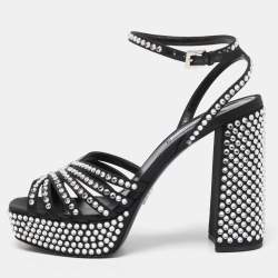 Pre Owned Prada Black Suede Crystal Embellished Ankle Strap Sandals Size 39