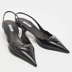 Prada Black Leather Logo Slingback Pumps Size 40