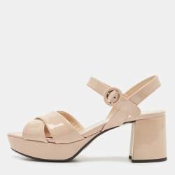 Prada Beige Patent Leather Platform Ankle Strap Sandals Size 38