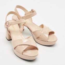 Prada Beige Patent Leather Platform Ankle Strap Sandals Size 38