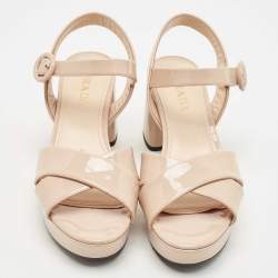 Prada Beige Patent Leather Platform Ankle Strap Sandals Size 38