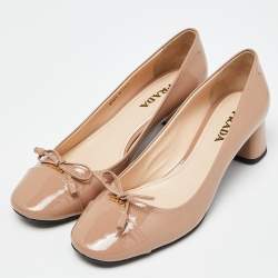 Prada Beige Patent Leather Bow Block Heel Pumps Size 40