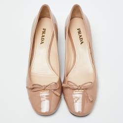 Prada Beige Patent Leather Bow Block Heel Pumps Size 40
