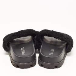 Prada Black Fur Open Toe Flat Slides  Size 36
