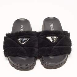 Prada Black Fur Open Toe Flat Slides  Size 36