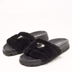 Prada Black Fur Open Toe Flat Slides  Size 36
