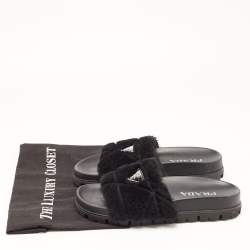 Prada Black Fur Open Toe Flat Slides  Size 36