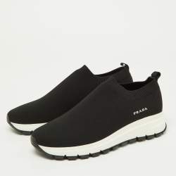 Pre Owned Prada Black Knit Fabric Slip On Sneakers Size 37.5