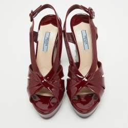 Pre Owned Prada Burgundy Patent Leather Strappy Platform Sandals Size 38